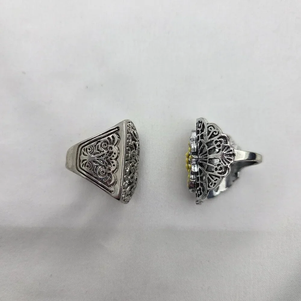 Set of 2 Vintage Silver-Tone Statement Rings - Boho Filigree & Floral